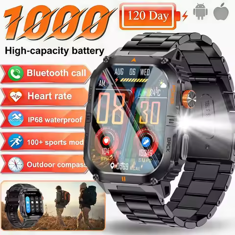 2026 New outdoor Tactics LED flashlight Men Smartwatch BT call GPS Sport IP68 Waterproof military Sm
