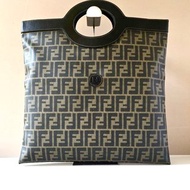 絕版古董包 稀有Fendi黑咖啡色老花托特包 中古包 皮革包 手提包