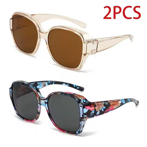 2PC Fit-Over Wraparound Square Polarized Sunglasses, Designed for Driving & Cycling, Fits Over Presc