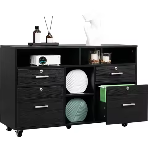 Wood Mobile File Cabinet with 4 Drawers and Shelves, Printer Stand with Open Storage, Locking Latera