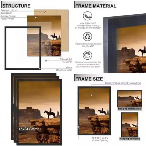 16x24 Picture Frame Set of 3, Black Engineered Wood Frame for 16 x 24 Inch Picture Poster Photo, Lig