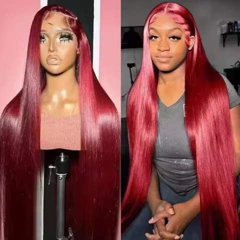 46 Inches 13x6 HD Transparent Lace 99J Red Colored Burgundy Straight Lace Front Wig Human Hair Pre P