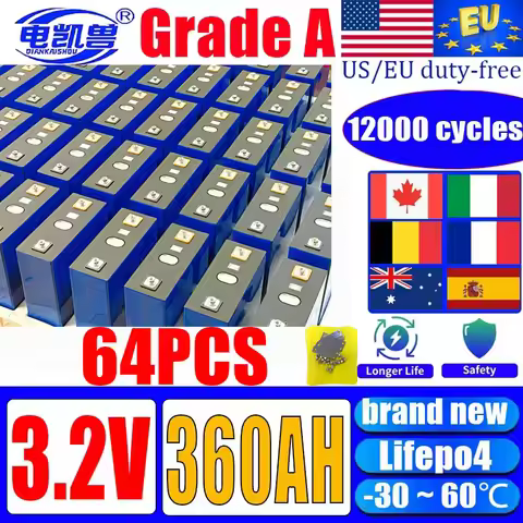 64pcs new 3.2V lifepo4 Battery 360AH Grade A DIY 12V 24V 48V RV suitable for golf cart solar energy 