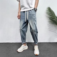 潮男破洞九分牛仔褲 秋季薄款寬鬆哈倫褲 痞帥蘿蔔褲男裝- 藍色T708 M