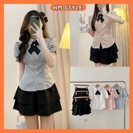 Set of puff-sleeved shirt with bow tie + 2-layer flared skirt, Elegant lady's shirt Set with bow, be