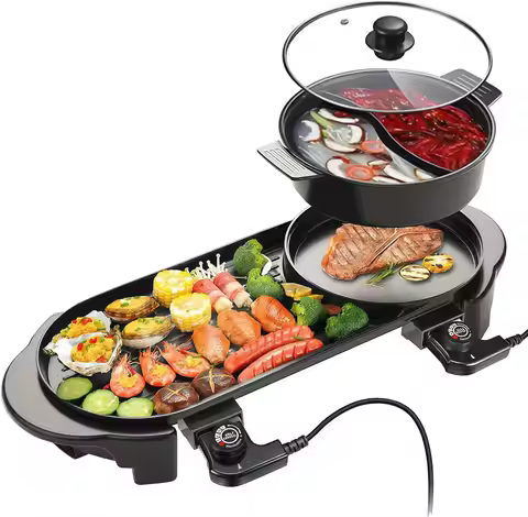 Electric Hot Pot with Grill Indoor Korean BBQ Grill Shabu-shabu Hotpot, Removable Hotpot Pot W/Large