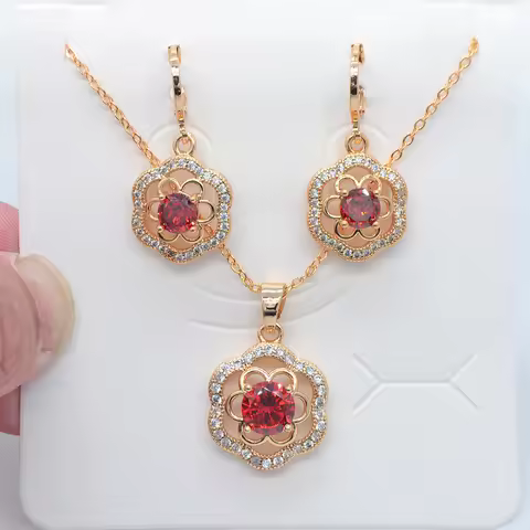 Fashion Gold Color Red Cubic Zirconia Flower Wedding Jewelry Set for Women