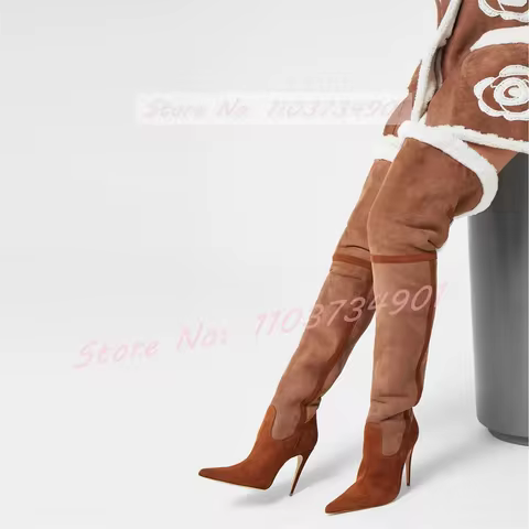 Fur Mix Colors Warm Thigh High Boots Women Nifty Pointy Toe Stiletto High Heels Slim Stretch Boots F