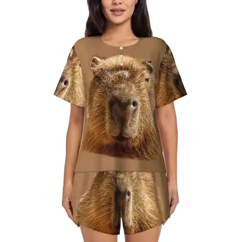 Custom Printed Women Capybara Dozing In The Sunshine Printing Pajamas Set Short Sleeve Sleepwear Lou