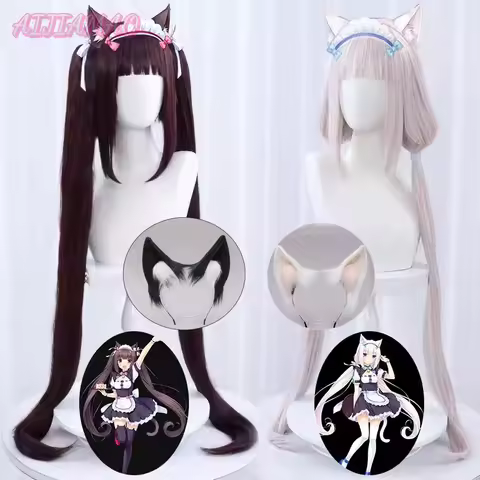 Anime NEKOPARA Vanilla Chocola Cosplay Wig 100cm Long Vanilla Light Pink Chocola Dark Brown Heat Res