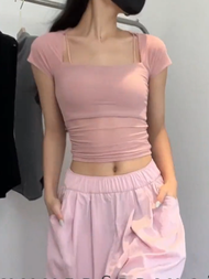 Áo Thun Tay Ngắn Ôm Vừa Vặn Cổ Vuông Mùa Hè Mới Pure Desire Phong Cách Mới Áo Thun Lưới Bó Eo Gợi Cả