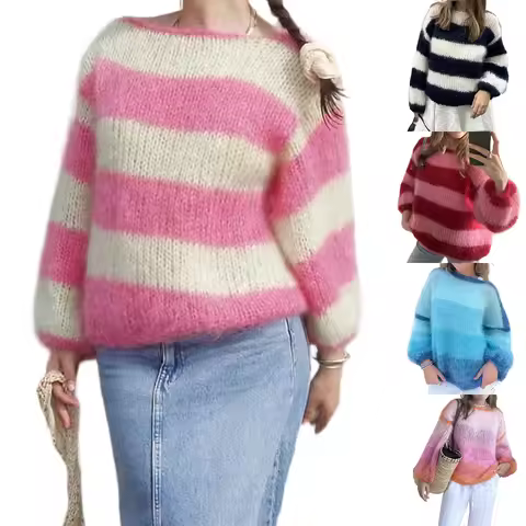 Women Striped Fuzzy Sweater Loose Boat Neck Long Sleeve Pullover Knit Tops Casual Winter Fall Clothe