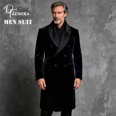DTLumika- Black Velvet Suit Coat Double Breasted Modern Shawl Collar Plus Size Long Suit Coat Made-t