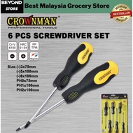 100% Original 👍 CROWNMAN 6pcs Screwdriver Set Six Professional Screw Drivers Set | Pemutar Skru Set