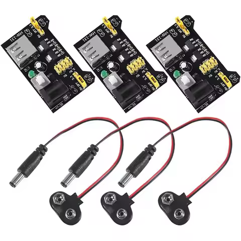3sets 3.3V 5V MB102 Solderless Breadboard Power Supply Module with 9V Battery Clip Power Cable 2.1x 
