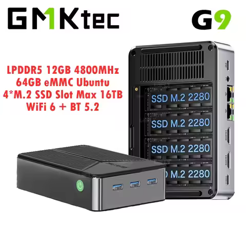 GMKtec G9 4 Bay Mini PC Intel N150 LPDDR5 12GB 64GB eMMC Ubuntu SSD NVMe * 4 Win11 Pro WiFi6 BT5.2 D