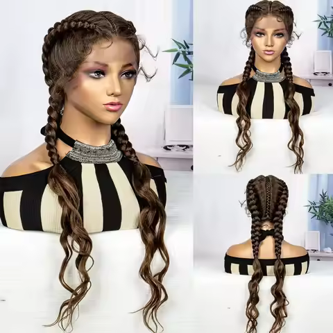 30 Inches New Fashion Braided Wigs 1B/30# Brown Braiding Hair Synthetic Wigs Transparent Lace Fronta
