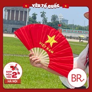 Handheld Fan Red Flag Yellow Star 29cm Wooden Handle - Beautiful Thick Fabric Folding Fan for Nation