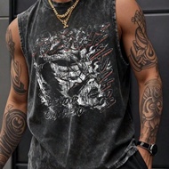 Rock Printed Vintage Washed Vest, Rock Guy Print Fashionable Fitness Vest Oversized Acidwash