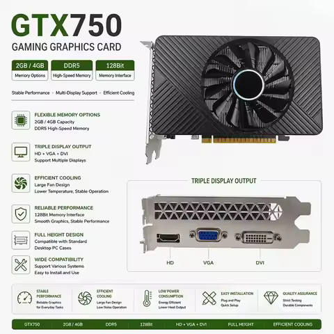 GTX 750 4GB GDDR5 128Bit Single-Fan PCIe 3.0 x16 DirectX 12 Graphics Card New OEM Wholesale for Desk