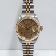 ROLEX 勞力士 69173 Datejust 女錶 蠔式日誌 太陽圈 金色T柱面盤 錶徑26mm 大眾當舖L699