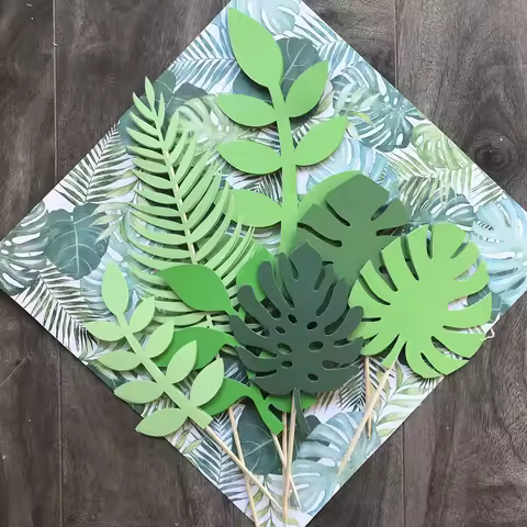 A Set of 7 Glittery Tropical Leaves Cake Topper Tropical Wedding Cake Decoration greenery Palm Leaf 