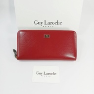 Guy Laroche กระเป๋าสตางค์ผู้หญิงใบยาว ซิปรอบ สีแดงเลือดนก หนังลาย ผิวเงา อะไหล่สีทอง ของแท้100%