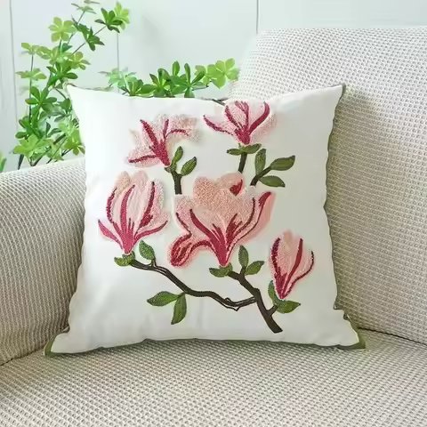 Funda de almohada bordada de 45x45CM, bonita funda de almohada ligera de lujo con flores nórdicas pa