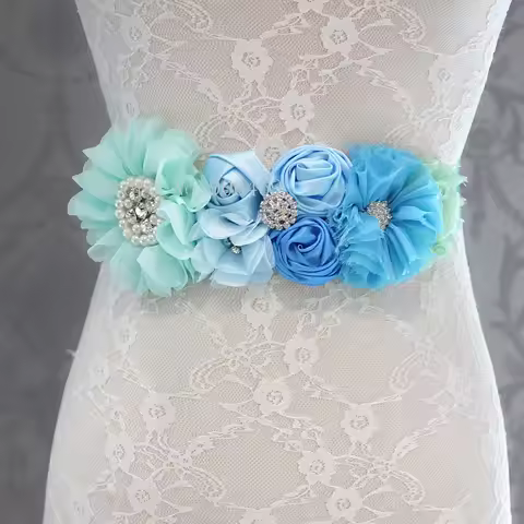 Fashion Blue flower Belt Wedding Sashes belt with flower headband Girl Woman sash belt