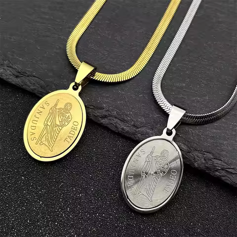 Hip Hop San Judas Pendant Necklace for Women Men Stainless Steel Gold Silver Color St Jude Thaddeus