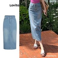【In stock】Lovito Women Casual Plain Split Denim Skirts L99ED566 0MZL O87A JOPO TXR0 FK7E GFZ3