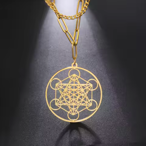 LIKGREAT Angel Seal Archangel Metatron Cube Double Layer Necklace Stainless Steel Sacred Geometry Pe