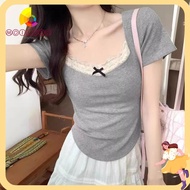 MOILYSG Design Style Cropped Top, Plain Lace Lace Short Sleeve T-shirt, Fashion Bow Korean Style Bow Lace T-shirt Women