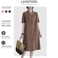 LAHSTORE straight linen dress with train collar and youthful embossed hem DS33 (Brown)