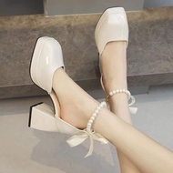 Giày Lolita khoét eo gót vuông cao gót 10p đính nơ ngọc siêu sang