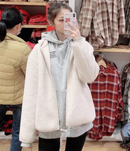 2024ของแท้ UNIQLO แท้สีฟ้านม! เสื้อโค้ทแขนยาวผ้าฟลีซแกะฮู้ดแบบหลวมมีซิปสำหรับผู้หญิง430644ฤดูหนาว