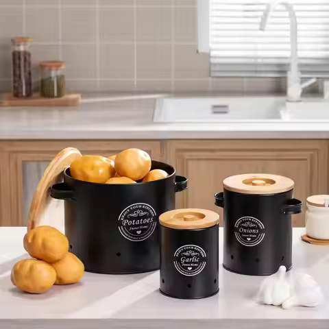 Kitchen Vegetable Storage Tin, with Bamboo Lid and Handle, Fresh Vegetable Keeper ,Farmhouse Contain