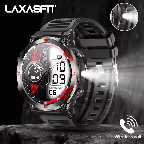 LAXASFIT 2025 New Rugged Military Smart Watch Men's Heart Rate Flashlight Outdoor Sports Tracker Blu