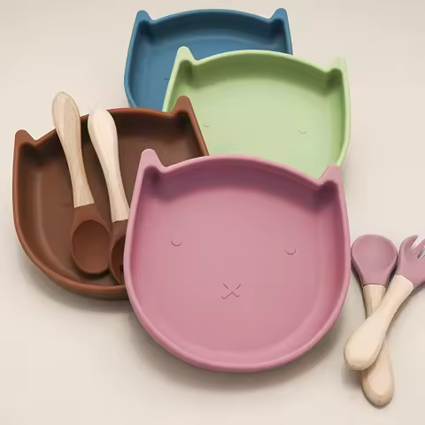 Silicone Cartoon Shape Baby Dishes Plates Infant Sucker Bowl Spoon Feeding Set Toddler Eating Tablew
