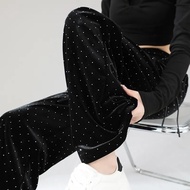 Black Gold Velvet Wide-Leg Pants with Rhinestones - High Waist Western Style for Women