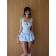 [Ginie] Tb-nan Vietnam Niche Design Hollow Bow Design Mini Short Blue Dress Culottes Summer ins