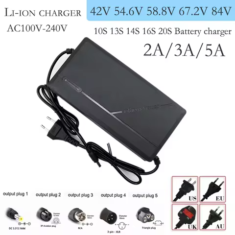 36V 48V 60V 72V Charger 2A 3A 5A 10S 13S 16S 20S Lithium Battery Pack US/EU/AU/UK Plug 42V 54.6V 67.