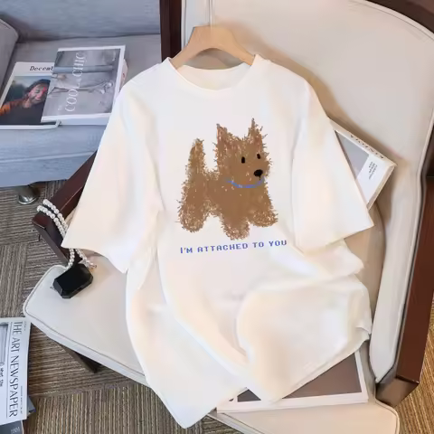 Soft Cuteness Alert Korean -style T - Shirt Cute Fun Pattern Print Loose Short Sleeve White Top for 