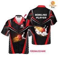Bowling Black Red Fire Bowling Pins Custom Name  HAWAIIAN POLO Shirt, Size XS-6XL, Style Code26