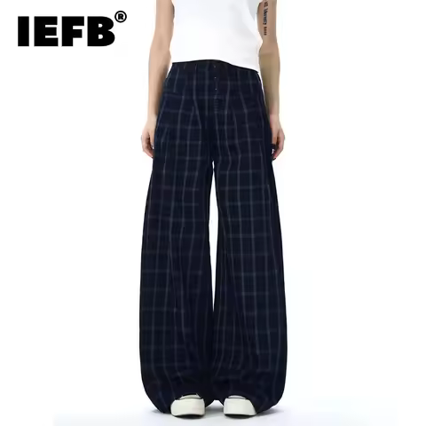 IEFB Niche Design Men's Casual Trousers Contrast Color Plaid Design Casual Wide Leg Breasted Loose M