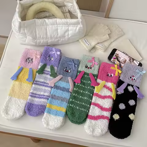 Cute Hand in Hand Towel Socks Coral Fleece Funny Clown Socks Winter Warm Mid Tub Half Flannel Floor 
