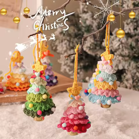 4Pcs New Yarn Crafts Small Christmas Tree Plush Birthday Tree Hanging Ornaments Yarn Crochet Birthda