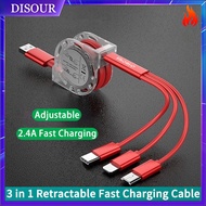 3-in-1 Retractable Fast Charging Cable Type-C Micro ios All Phone Charger Cable 2.4A Fast Charging TPE Cable