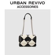 URBAN REVIVO อุปกรณ์เสริมสำหรับสุภาพสตรีใหม่สีตัดกัน rhombus messenger bag AW07TG3N2001 Black and white