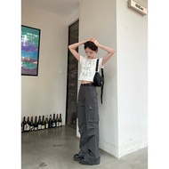 เอวสูงผ้าฝ้ายกางเกงคาร์โก้สําหรับผู้หญิง RAINY American Street สไตล์หลวมขากว้างกางเกงลําลองพร้อมกระเ